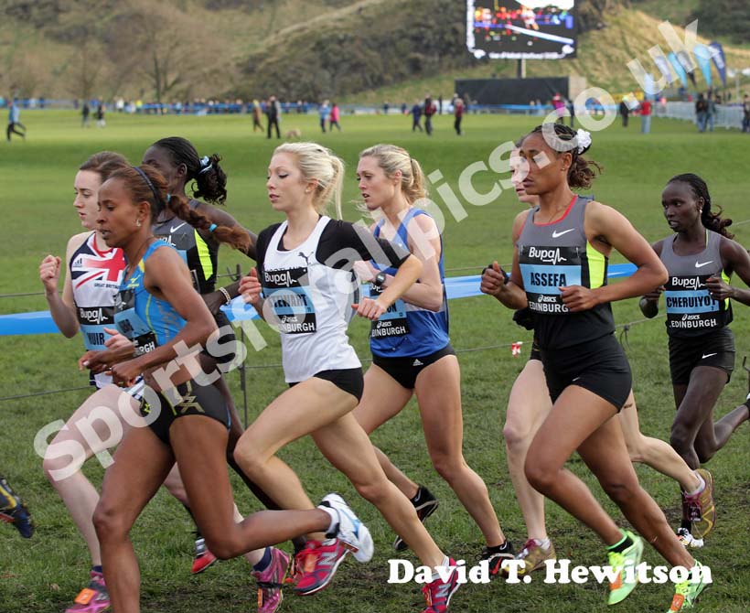 Emily Stewart (GB) and Ashley Gibson (Morpeth) running just behind 2012 olympic 5000 metres champion Meseret Defar during the Internation Womens 3k BUPA Great Edinburgh Cross country.